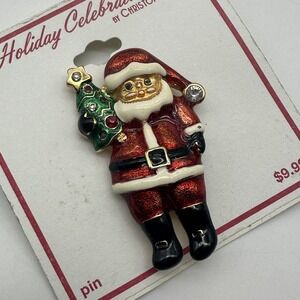 CHRISTOPHER RADKO Santa Brooch Rhine stone and Enamel Christmas Tree 2 in x 2